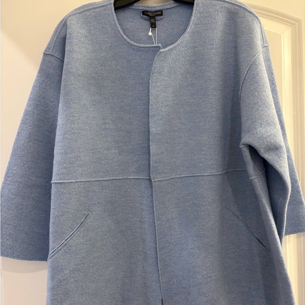 Eileen Fisher Light Blue Open-Front Boiled Wool Jacket